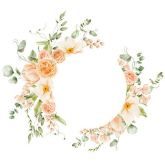 Watercolor spring orange and beige flowers wreath