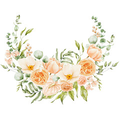 Watercolor spring orange and beige flowers wreath - 516919304