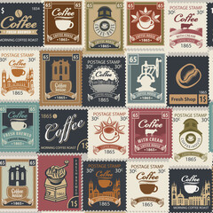 Seamless pattern on the theme of coffee and coffee house with various postage stamps in retro style. Repeating vector background. Suitable for wallpaper, wrapping paper, fabric, package. © paseven
