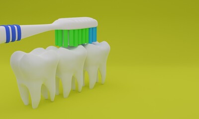 3d illustration, toothbrush and dental piece, cleaning concept, oral hygiene, yellow background, 3d rendering