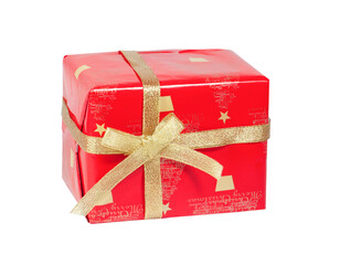 the box is packed in red gift paper with a gold bow,the concept of the holiday. High quality photo