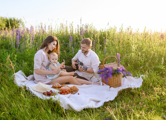 Beautiful Caucasian young family dad and mom with a little baby girl sitting on a picnic at sunset in a field of lupines