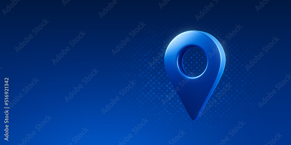 Poster blue location 3d icon pin on navigation map background with direction marker symbol gps pointer or d