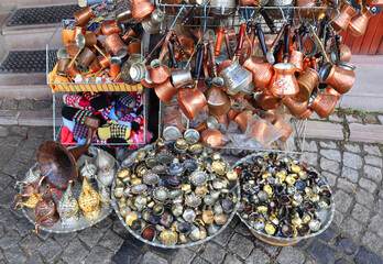 Oriental copper goods on the street market in Ankara, Turkey	
