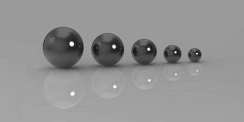 five glass balls of different sizes. balls of different sizes on a gray background. the concept of growth in anything. profit increase. Horizontal image. 3d image. 3d rendering.