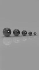 five glass balls of different sizes. balls of different sizes on a gray background. the concept of growth in anything. profit increase. Vertical image. 3d image. 3d rendering.