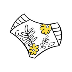 Beautiful women's bikini briefs. Cute summer swimsuit with floral print. An essential item for a beach holiday. Simple icon in boho style. Element for the design of stickers, packaging, posters, signs