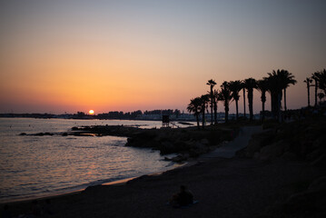 Beautiful sunset with palm trees in Kato Paphos.