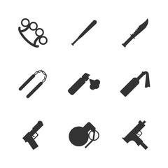 Street weapon icons set. Knife symbol. Gun icon. Peper spray. Flat vector illustration.