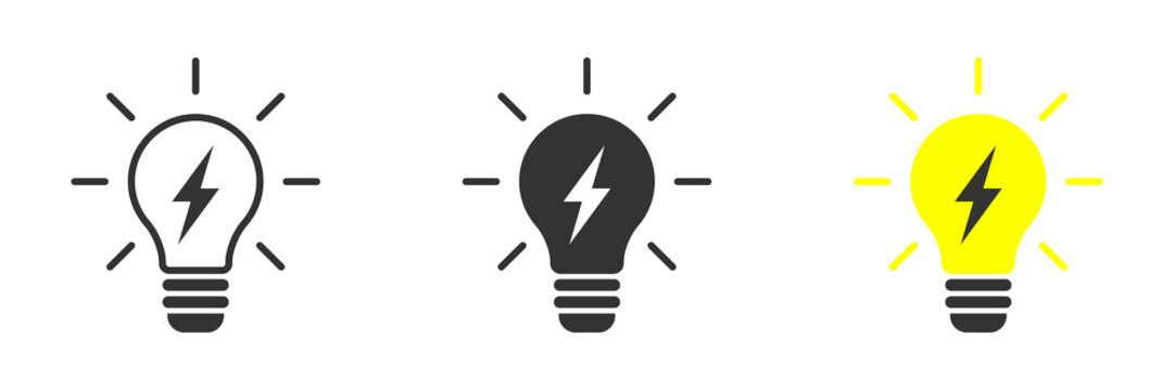 Lightning in light bulb icon. Light bulb symbol with lightning bolt inside. Vector illustration.
