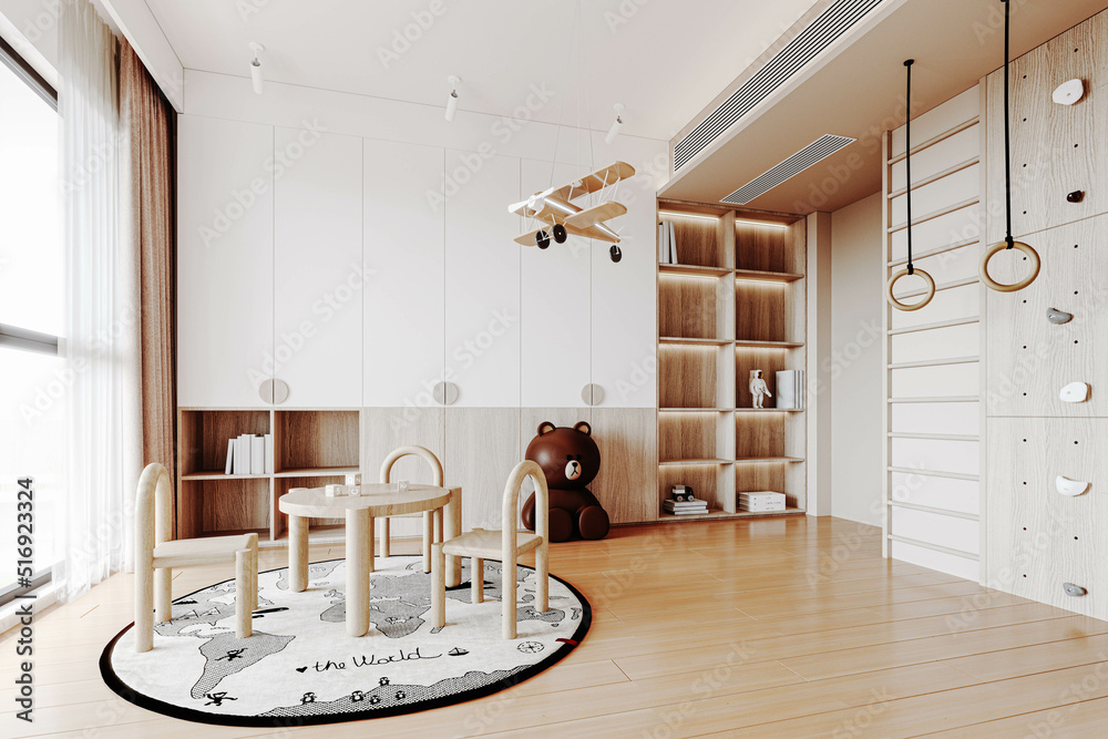 Sticker 3d render of beautiful child room with many toys