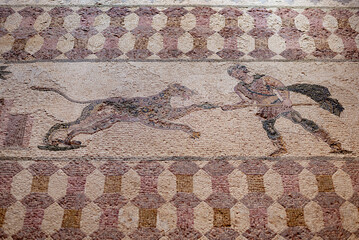 Ancient Greek floor mosaic in archaeologic park Kato Paphos, Cyprus.