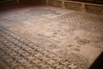 Ancient Greek floor mosaic in archaeologic park Kato Paphos, Cyprus.
