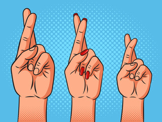 Family crossed fingers pop art retro vector illustration. Comic book style imitation.