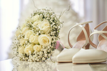 bridal shoes and bouquet of white roses