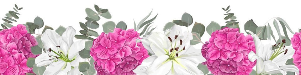 Seamless vector border. White lilies, pink hydrangea, eucalyptus, green plants and leaves. Elements for wedding design
