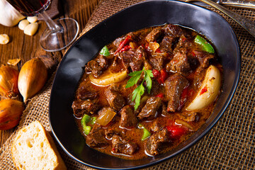 classic beef goulash with peppers and onions