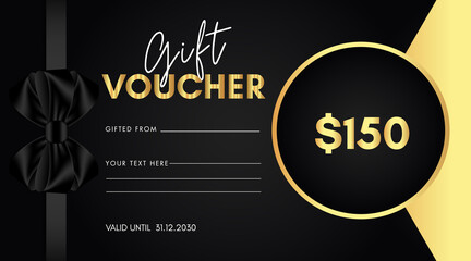 150 dollar discount for shopping template design with black bow and gold circle frame isolated on black background. Special offer gift voucher template to save money. Gift certificates, coupon code.
