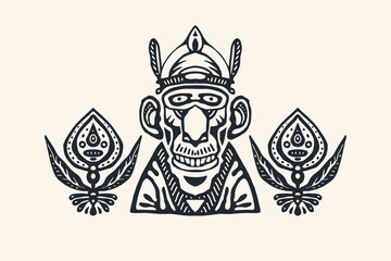 Emblem with Indian shaman of South America. Stylized tribal graphics, design element. Vector illustration - obrazy, fototapety, plakaty