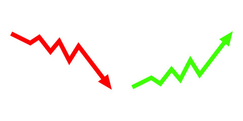 Obraz premium Graph going Up and Down sign with green and red arrows vector. Flat design vector illustration concept of sales bar chart symbol icon with arrow moving down and sales bar chart with arrow moving up.