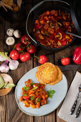 Original Hungarian goulash with potato pancakes