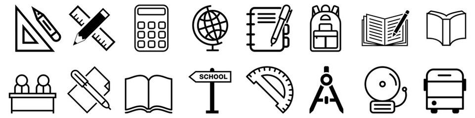 School vector icon set. study illustration sign collection. algebra symbol. geometry icon. © Denys