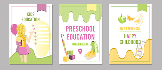 Set of flyers for preschool , education, learning, kindergarten, kids, childhood. A4 vector illustration for poster, banner, flyer, advertising.