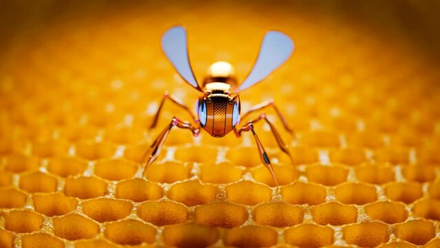 Small mechanic autonomous gold insect robot standing on hexagonal hive structure