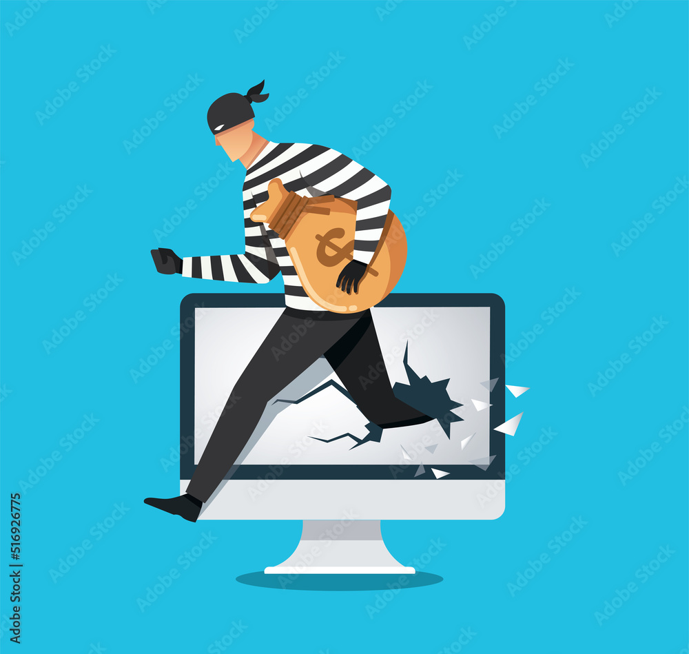 Poster hacker, thief hacking into a computer. vector illustration