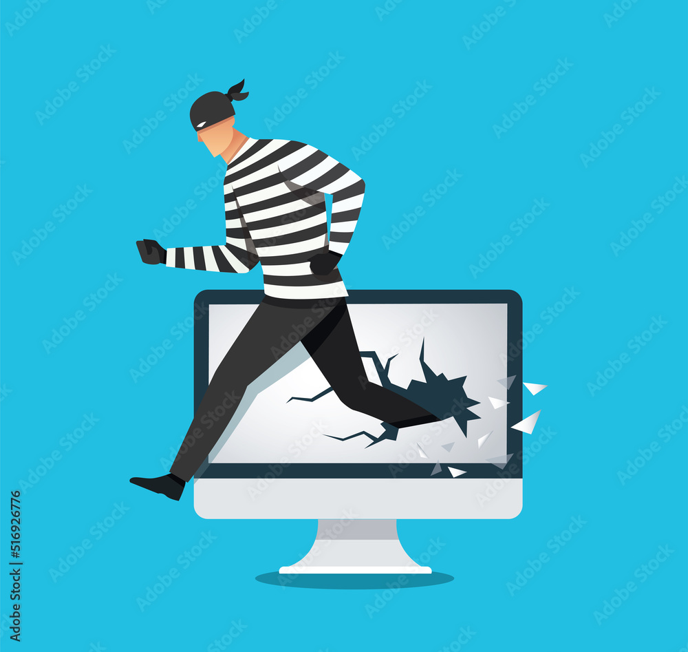 Poster hacker, thief hacking into a computer. vector illustration