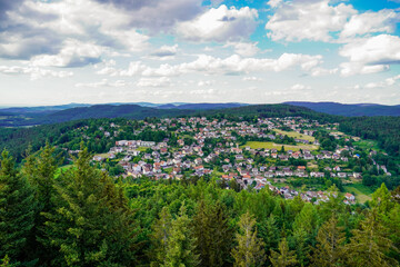 Panoramic view of the hilly landscape near Wilhelmsfeld, in Baden-Württemberg. Green nature with mountains and forests.

