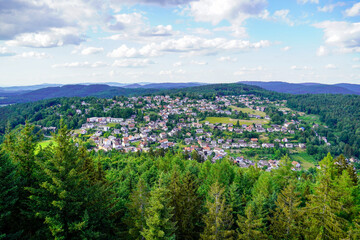 Fototapeta premium Panoramic view of the hilly landscape near Wilhelmsfeld, in Baden-Württemberg. Green nature with mountains and forests. 