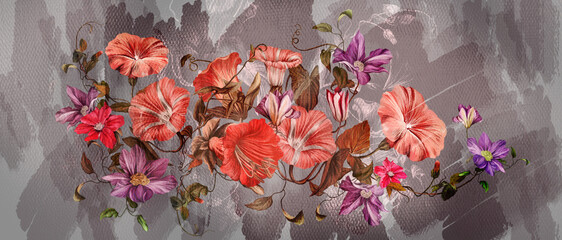 
flowers in pastel style on a texture watercolor background photo wallpaper in the interior
