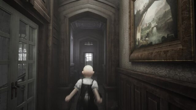 Demon Girl Runs in the Corridor of an Ancient House while it is Raining 3D Animation Rendering Horror 4K