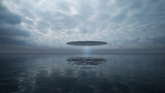 UFO hovered over the sea. Animation.