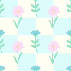 Spring flowers seamless pattern on geometric background. Fresh modern floral print for kids apparel