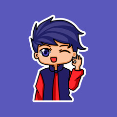 Sticker template with cartoon boy character isolated illustration