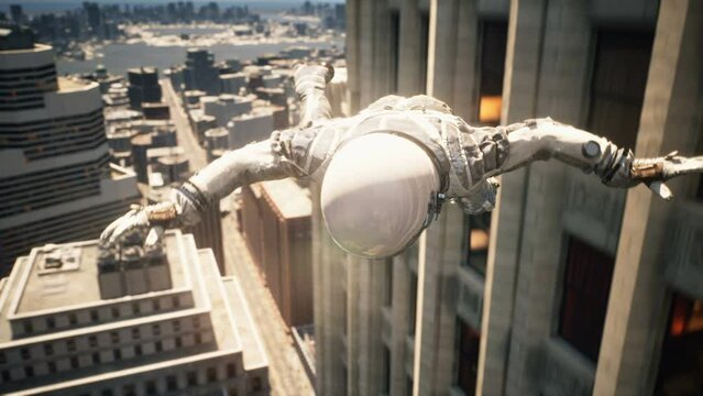 Astronaut flying past skyscrapers in a metropolis. Astronaut-traveler falling from space. The cosmonaut falls to the planet. The animation is perfect for space, fiction, and sci-fi backgrounds.