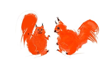 Pair of abstract orange squirrels , forest animals illustration 