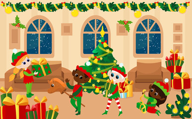 A room from the inside in a house decorated before Christmas. Little elves are playing inside. The room has windows, a brown sofa and armchair, a Christmas tree and gift boxes. The mood of comfort.