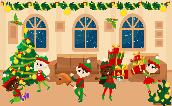 Little elves play inside the house. A room from the inside in a house decorated before Christmas. The room has windows, a brown sofa and armchair, a Christmas tree and gift boxes. The mood of comfort.