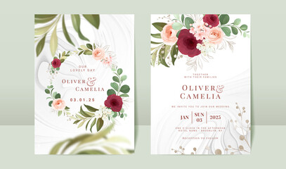 Burgundy watercolor roses wedding invitation card template set