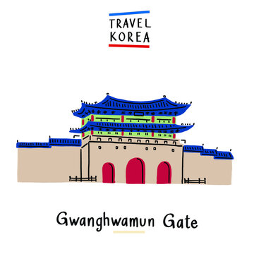 Gwanghwamun Gate landmark South Korea travel Hand drawn color Illustration