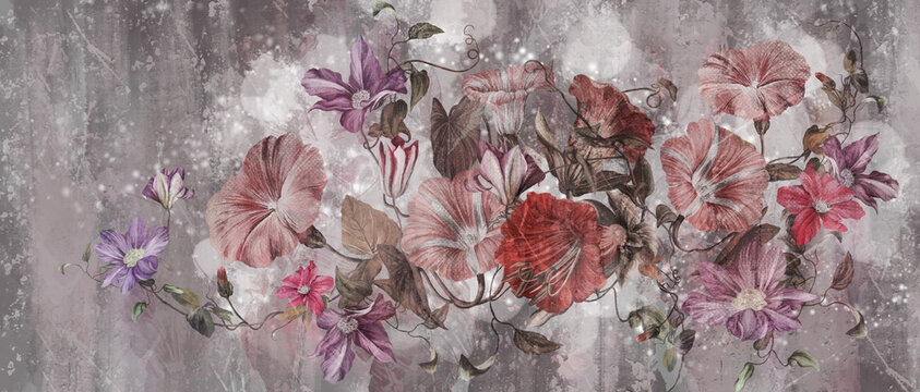 art flowers on a textured gray background with blacklock art drawing photo wallpaper in the interior © Viktorious_Art