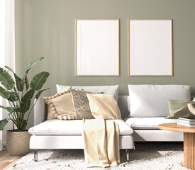Wooden fame mockup in modern living room design, minimal white sofa on green interior background, 3d render