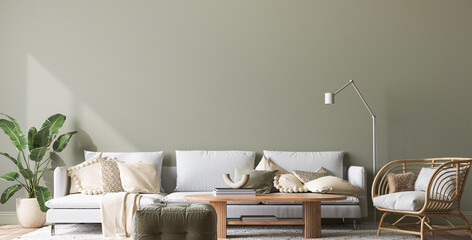 Wall mockup in modern living room design, minimal white sofa and wooden coffee table on green interior background, 3d render © lilasgh