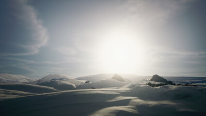 Snowy rolling landscape on a clear sunny day. 3D render.