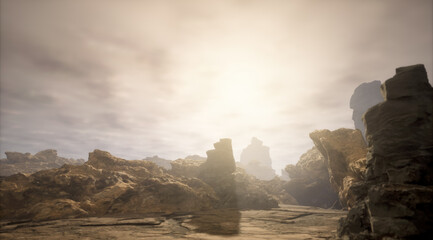 Arid rocky landscape on a foggy day. 3D render.