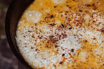 Recipe for traditional oriental pilaf in a cauldron in nature. Cooking. Recipes. Step-by-step photo instructions for cooking pilaf. 