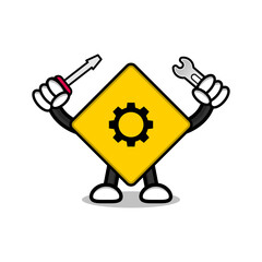 Illustration of repair sign cartoon character with screwdriver and wrench.